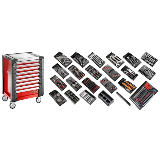 Facom CM230 red tool cabinet with seven drawers on wheels, shown with multiple organized tool tray sets on white background.