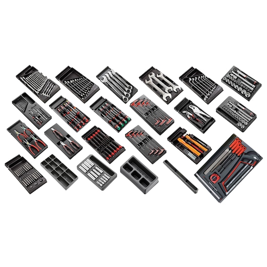 Facom CM230 assorted hand tool trays with wrenches, pliers, screwdrivers, and sockets, top view on white.