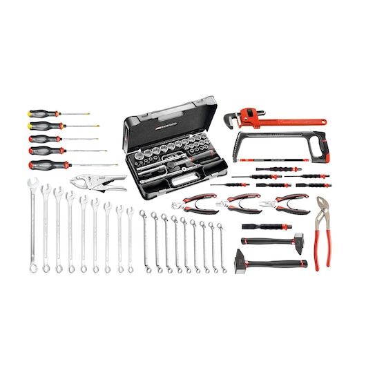 Facom CM_300A hand tool set including wrenches, pliers, screwdrivers, socket set, hammers, saw, and pipe wrench, top-down view.