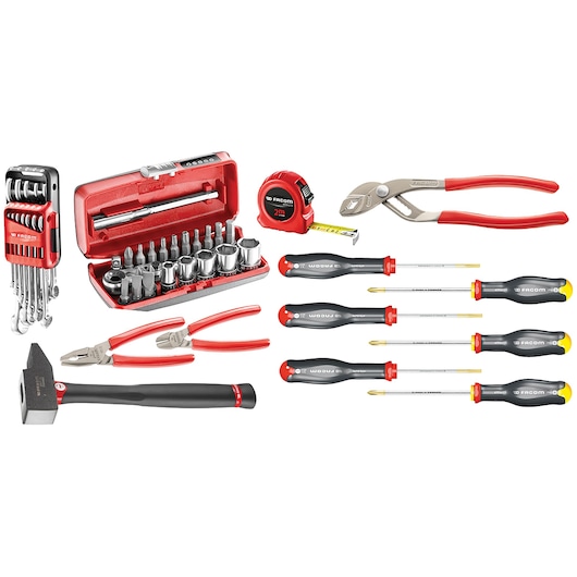 Facom CM500A hand tool set with sockets, screwdrivers, pliers, wrench set, hammer, and tape measure, front view.