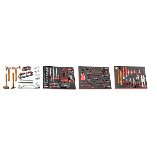 Facom CM_CAR tool set with assorted hand tools in foam trays, photography, flat lay, white background.