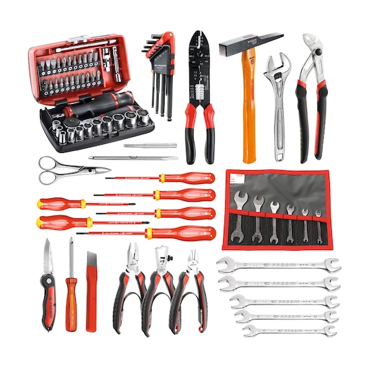 Facom CM_E16 tool set with assorted hand tools, screwdrivers, pliers, wrenches and sockets, front angle on white.