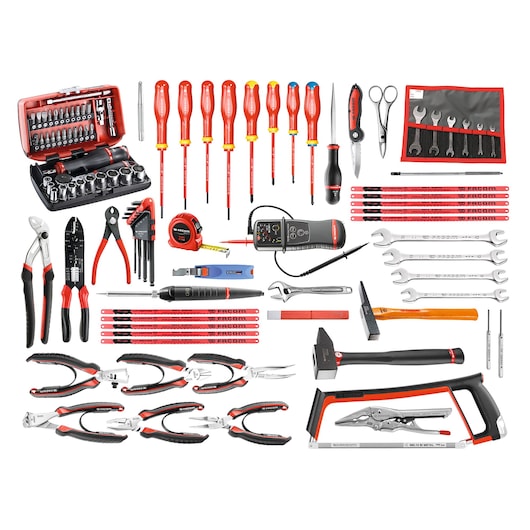 Facom CM_E17 tool set with assorted hand tools and accessories, photographed from above on white background.