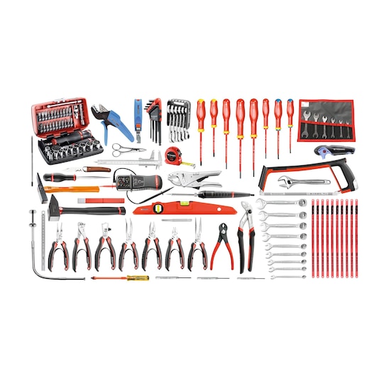 Facom CM_E18 assorted hand tools set, including screwdrivers, pliers, wrenches, socket kit, and saw, top view.