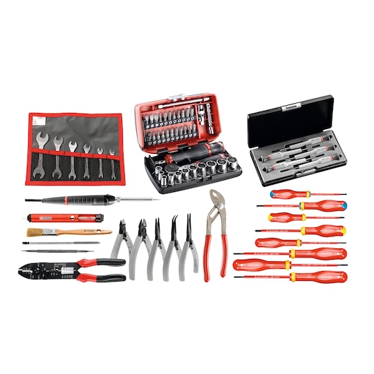Facom CMEL31 assorted hand tool set with screwdrivers, pliers, spanners, and bit set, top-down view.