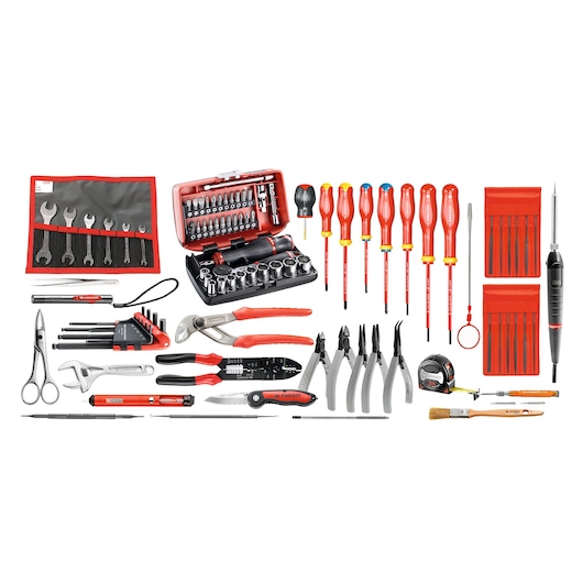 Facom CM_EL32 tool set with wrenches, screwdrivers, pliers, socket kit, files, measuring tape, and brushes, top angle.