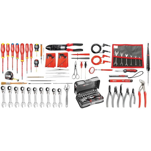 Facom CM_EL34 insulated hand tool set with screwdrivers, pliers, wrenches, sockets, and testers, top-down view.