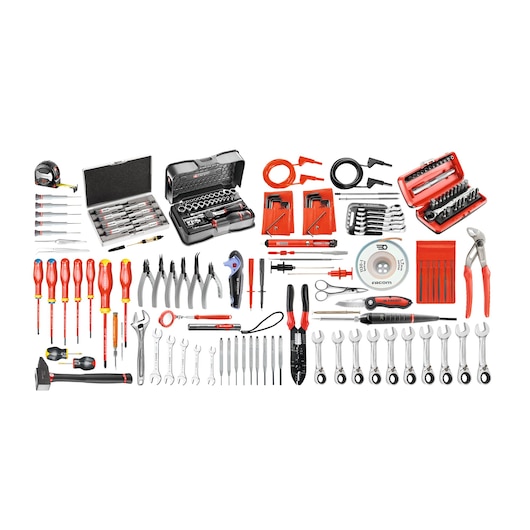 Facom CM_EL35 assorted hand tool kit with screwdrivers, pliers, sockets, wrenches, and accessories, top view.