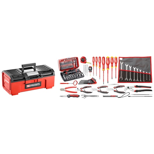 Facom tool kit CMEM40A with red and black toolbox, assorted screwdrivers, pliers, wrenches, sockets, and accessories, front angle.