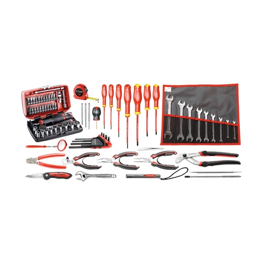 Facom CMEM40A tool set with assorted hand tools, including screwdrivers, pliers, wrenches, and sockets, white background.