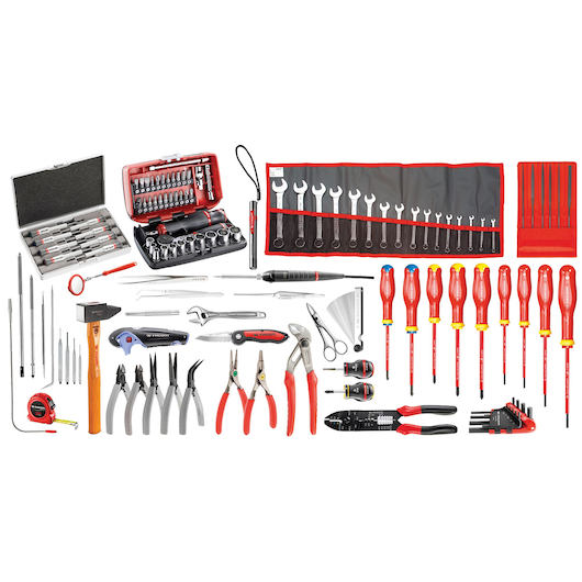 Facom CMEM41A assorted hand tools set with screwdrivers, pliers, wrenches, sockets, hammers, and accessories top view.