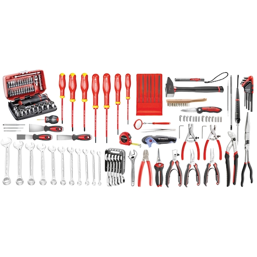 Facom CM_EM42A mechanic tool set with assorted wrenches, screwdrivers, pliers, hex keys, and sockets, top-down view.