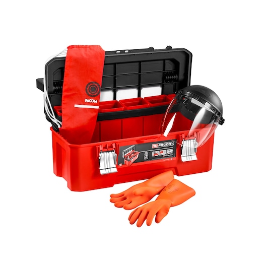 Photo of Facom red toolbox CM.EPI1 with safety gloves, face shield, and storage bag, front angle.