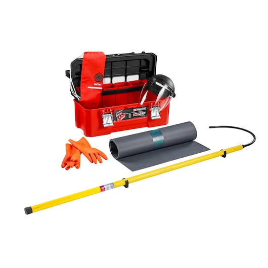 Facom CM.EPI2 electrical safety kit with red toolbox, gloves, face shield, mat, protective pole, front angle.
