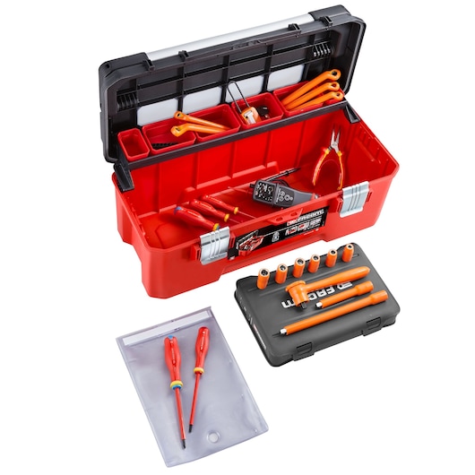 Facom CM.HYELA red tool box with insulated tools, screwdrivers, pliers, and sockets, top-down angle.