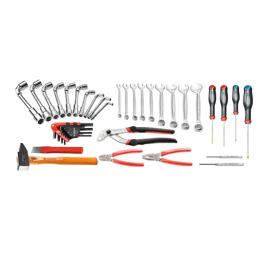 Facom CMLT3 hand tools set with wrenches, hex keys, screwdrivers, pliers, hammer, and chisel, top-down view.