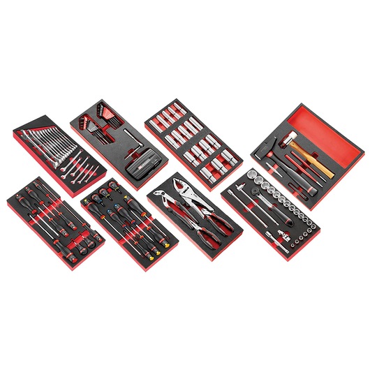 Facom CMPL tool set photography, assorted hand tools in foam trays, top angle view.