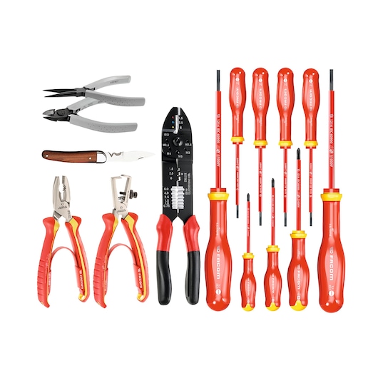 Facom CMSE insulated tool and screwdriver set, red and yellow handles, photographed from front on white background.