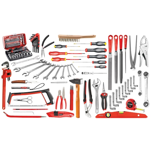 Facom CM_SG4A photography of assorted hand tools, wrenches, screwdrivers, pliers and tool set on white background.