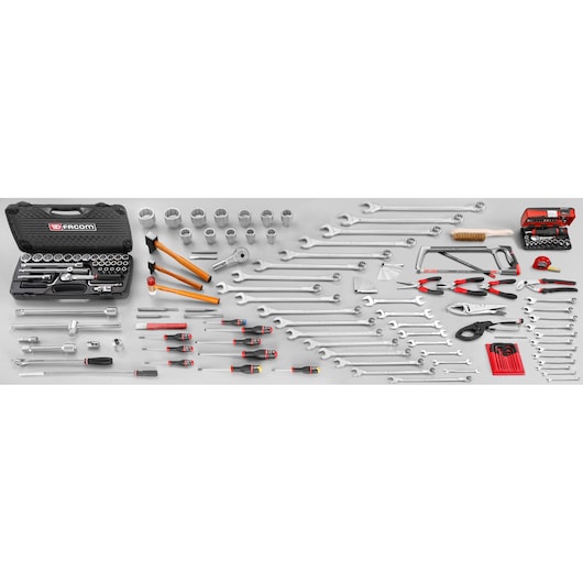 Facom CMV9 hand tool set, assorted wrenches, sockets, screwdrivers, pliers, and accessories laid out, top-down view.