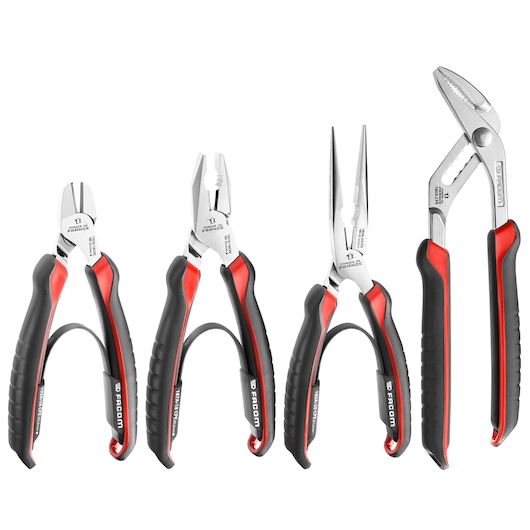 Facom CPE.A1PB photography of four pliers with black and red handles, front angle on white background.