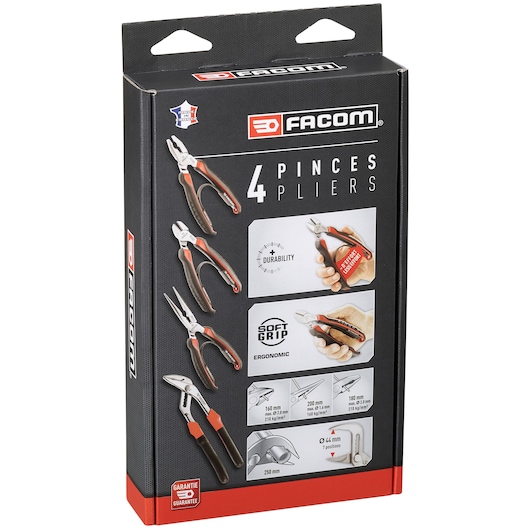 Photo of Facom CPE.A1PB plier set packaging showing four pliers with ergonomic soft grip handles on a white background.