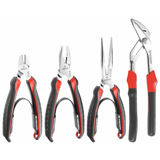 Facom CPE_A1 pliers set, four types with black and red ergonomic handles, front angle, white background.