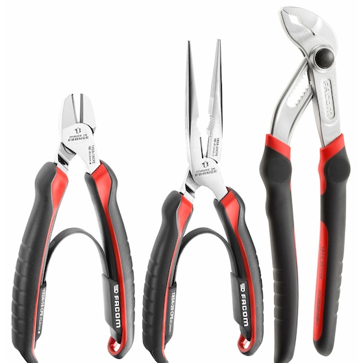 Facom CPE_A3 pliers set with three types, black and red handles, front angle, white background.