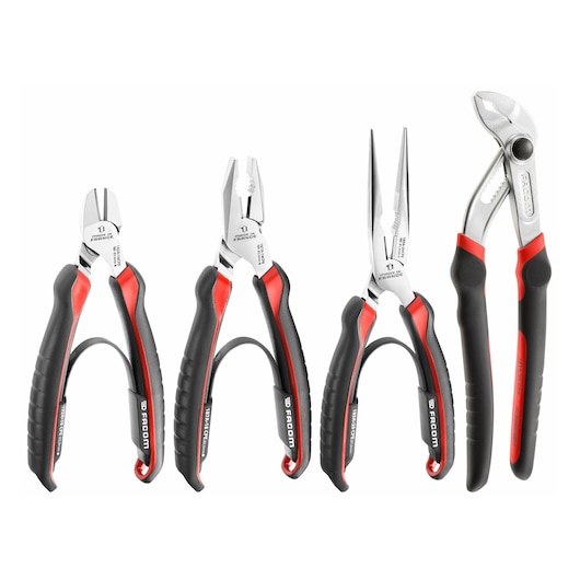 Facom CPE_A4 pliers set, four types, black and red handles, white background, product photography