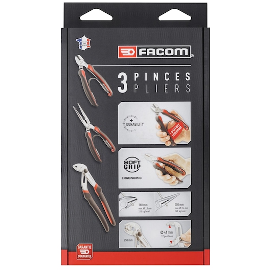 Photo of Facom CPE.A5PB pliers set packaging, showing three ergonomic pliers with soft grip and product features, front angle.