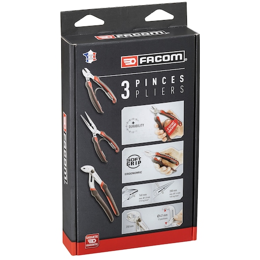 Facom CPE.A5PB set of 3 pliers in black and red, ergonomic soft grip, boxed packaging, front angle.