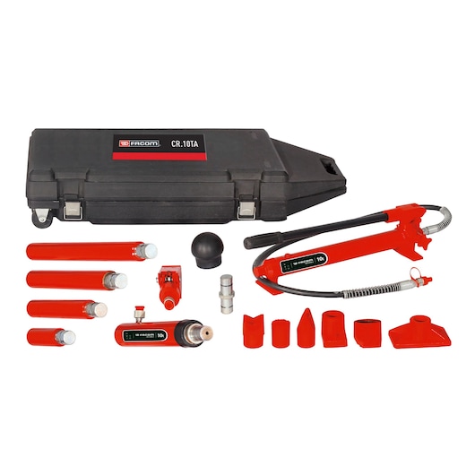 Facom CR_10TA hydraulic tool kit with red components and black case, shown from front on white background.