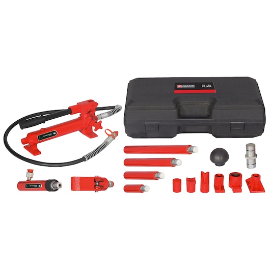 Facom CR_4TA hydraulic body repair kit with red tools and accessories, black hard case, front angle.