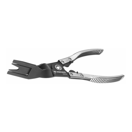 Photo of Facom CRD1 specialty pliers with black jaws and silver textured handles, side angle, white background.