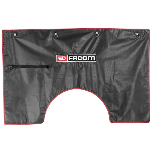 Photo of Facom CRD2 black protective cover with red trim, grommets, and Facom logo, shown front angle.