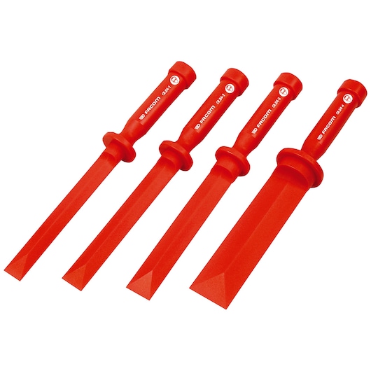 Facom CR.D4PB insulated red chisel set, four pieces, angled photo on white background