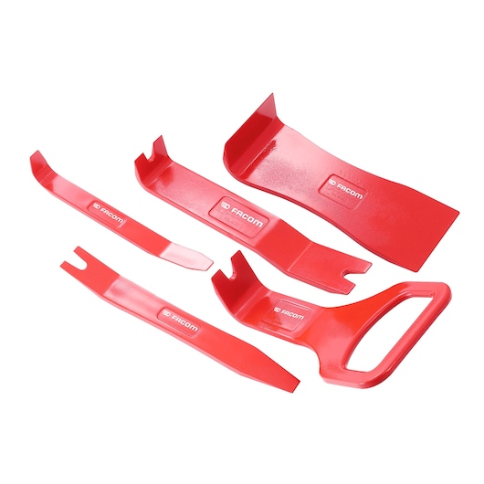 Facom CR.D5PB red plastic trim removal tool set, five pieces, front angle on white background