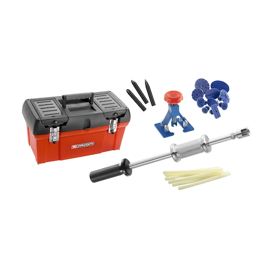 Facom CRGP-KIT dent repair kit with red toolbox, slide hammer, glue sticks, tabs, and accessories, front angle.