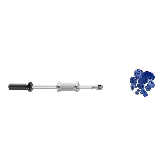 Facom CR_GPSH slide hammer puller with black handle and assorted blue puller pads, product photography, side view.