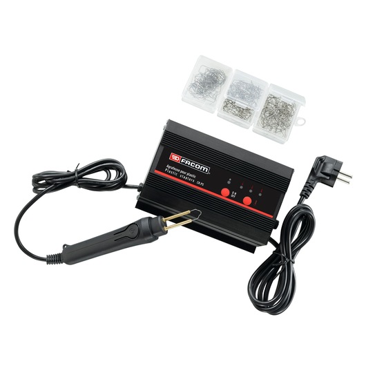 Facom plastic stapler repair kit CR_PS with stapler tool, main unit, power cord, and three staple packs, top view.