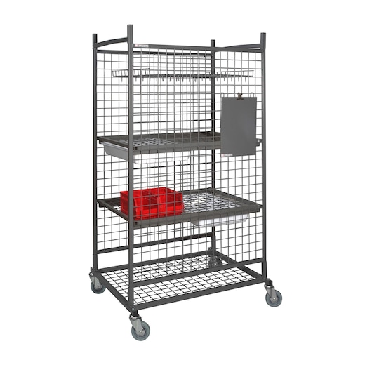 Facom CR_S11 metal grid storage trolley with wheels, shelves, hooks, and red bin, front angle.