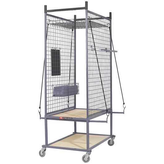 Facom CRS1 mobile storage cage with wire mesh panels, wood shelves and caster wheels, front angle.