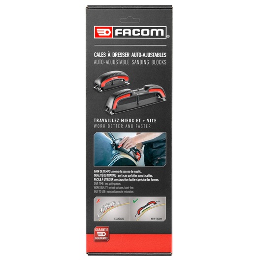 Photo of Facom CR.SB-J2PB auto-adjustable sanding blocks packaging, showing product images and usage instructions, front angle.