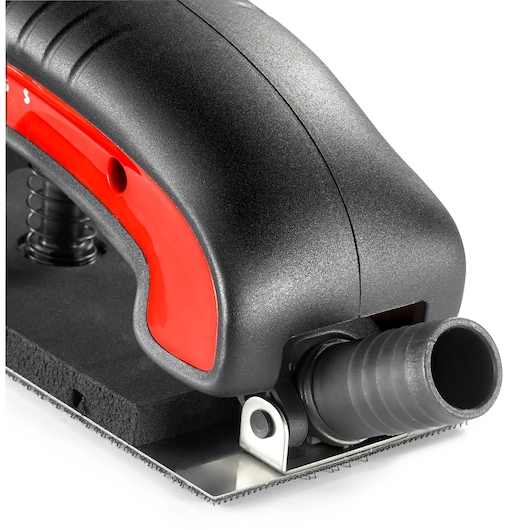 Facom CRSBL hand sander close-up with black and red handle and dust extraction port, white background.