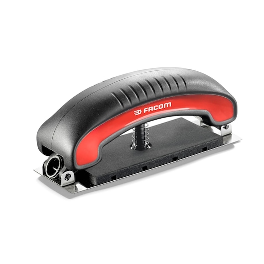 Facom CR_SBS hand sanding block with black and red ergonomic handle, photography, angled on white background.