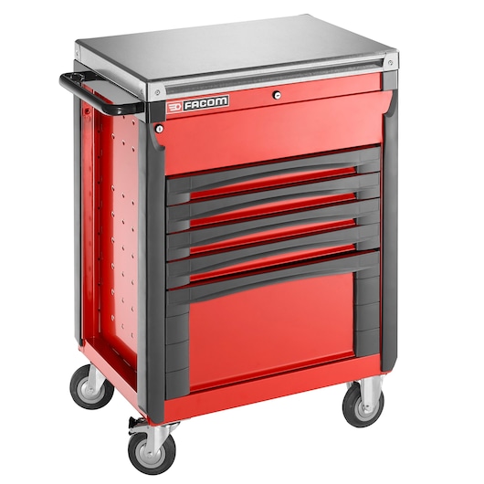 Facom CR_T5XL red and black tool chest with five drawers, side handle, and caster wheels, front angle photo.