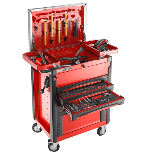 Photo of Facom CR_T5XL red tool trolley with open drawers and organized tools, front angle.