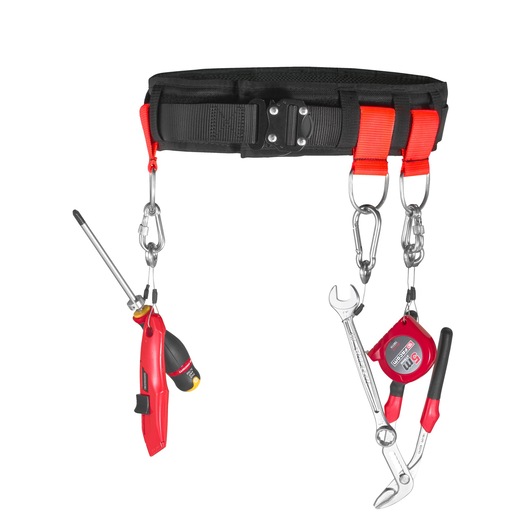 Facom CT70-100 black tool belt with red straps, holding screwdriver, tape measure, wrench, and pliers, front angle.