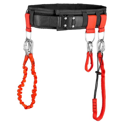Facom CT70-100 photography of black and red safety tool belt with carabiners, front angle.