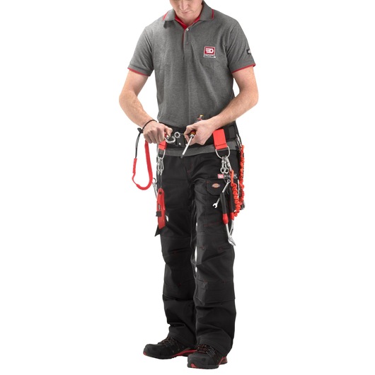 Facom CT70-100 photography of technician in grey polo and black work pants with tool belt, front view.